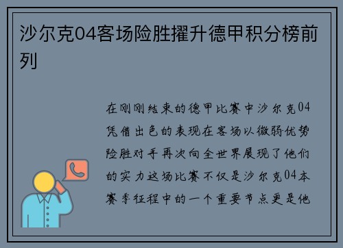 沙尔克04客场险胜擢升德甲积分榜前列